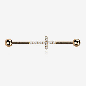 Implant Grade Titanium Rose Gold Sparkle Lined Multi-Gem Cross Industrial Barbell-Clear Gem